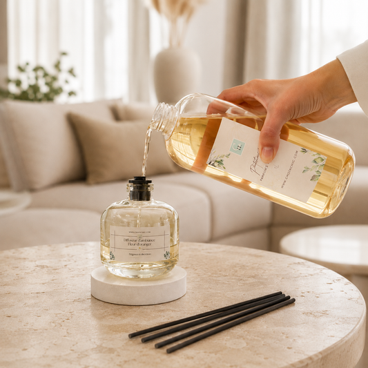 Recharge 1L de parfum d’ambiance Choix Chic utilisée pour remplir un diffuseur à bâtonnets.
